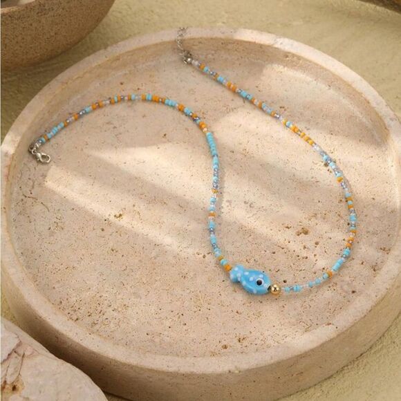 Beaded Necklace with Blue fish pendant M513 - Picture 2 of 3